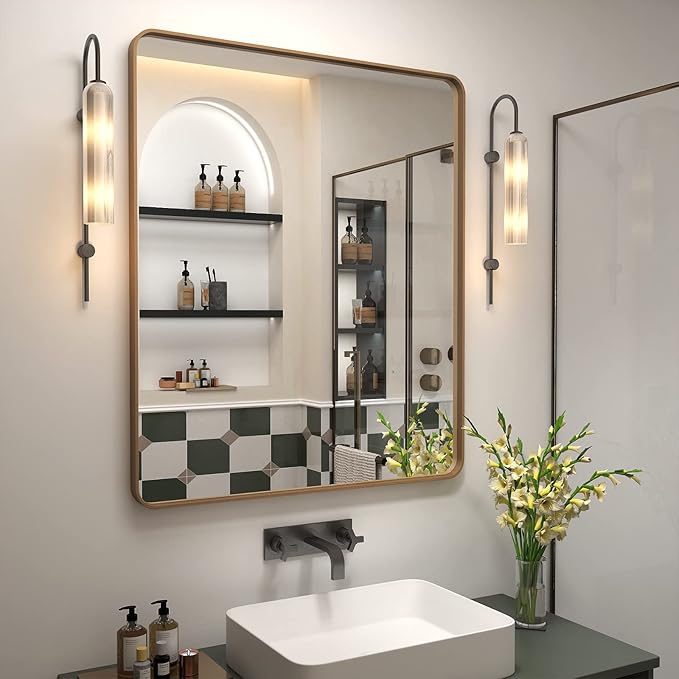 30x36 Gold Mirror for Bathroom, Brushed Gold Metal Framed Mirror for Vanity by CHARMOR
