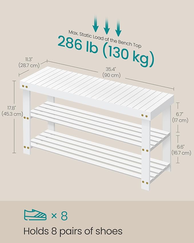 SONGMICS Shoe Rack Bench, 3-Tier Bamboo Shoe Storage Organizer, Entryway Bench - Image 3