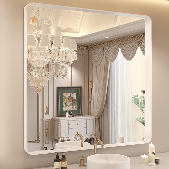 WEER White Bathroom Mirror 36X36 Inch, Rounded Rectangle White Metal Frame by WEER
