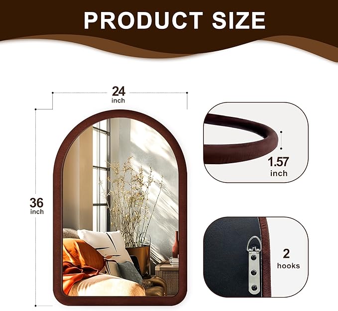36"x24" Arched Bathroom Mirror, Wall Mounted Vanity Plush Flannel Frame Mirror - Image 3