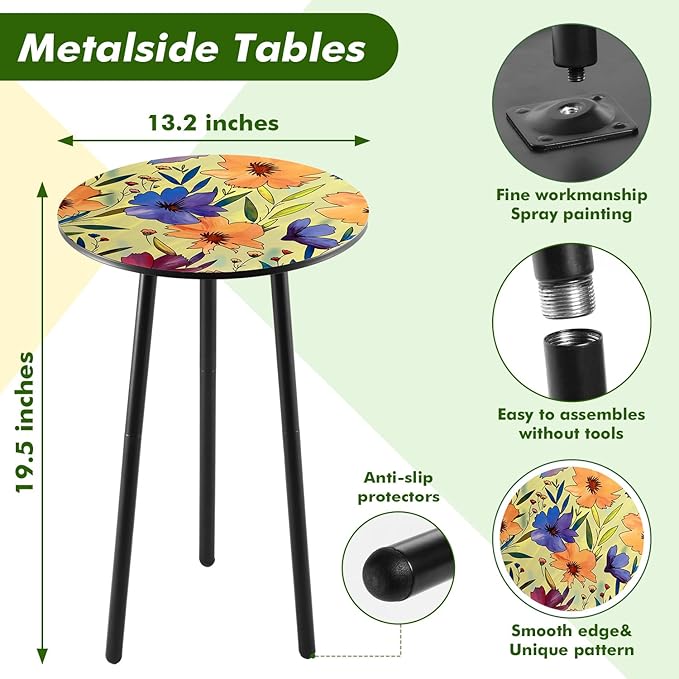 2 Packs Metal Floral Round Side Table 13.2" Small Outdoor Patio Round Accent - Image 3