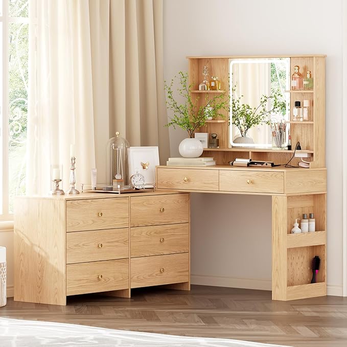 Large Makeup Vanity Desk with Mirror and Lights, Vanity Desk with 8 Drawers & by Ieejdn