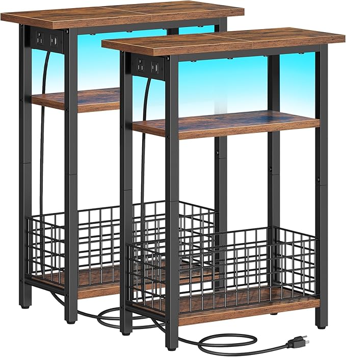 HOOBRO Narrow Side Table with Charging Station and LED Light, Small End Table by HOOBRO