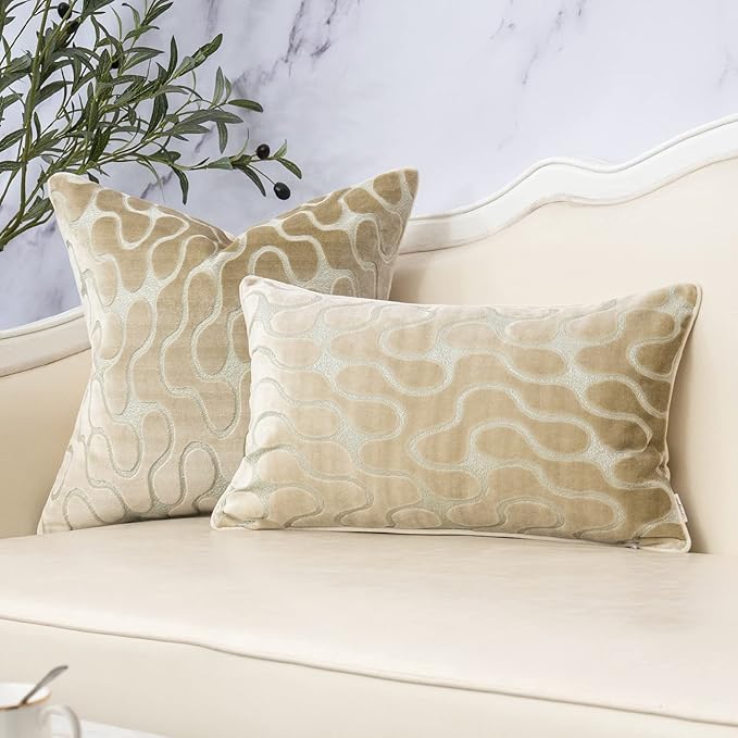 Yangest Beige Square Throw Pillow Cover Wavy Velvet Cushion Cover Modern - Image 5