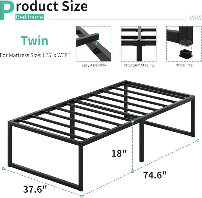 18 Inch Twin Bed Frames Heavy Duty Metal Twin Platform Bed Frame No Box Spring - Image 2