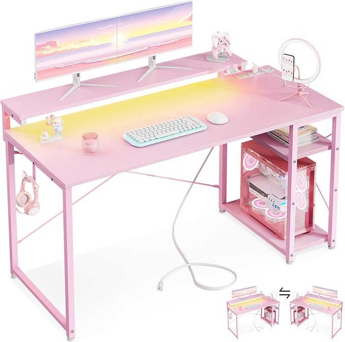 MOTPK 48 Inch Gaming Desk with Storage & Led Lights, Computer Desk with Power by MOTPK