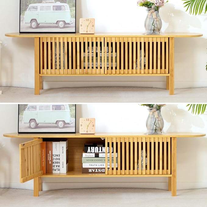 HollyHOME Bamboo TV Stand with Storage - Image 7