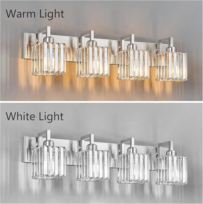 Modern Bathroom Vanity Light 4-Lights Brushed Nickel Vanity Light Crystal Wall - Image 4