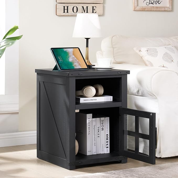 Farmhouse Nightstand with Charging Station, Rustic End Table with Tempered - Image 4