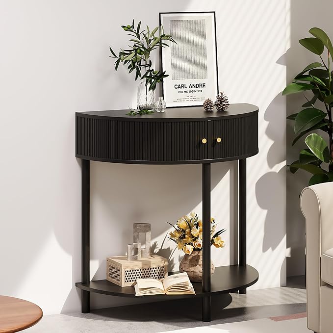 Fluted Half Moon Console Table 2 Tier Narrow Entryway Table - Image 3