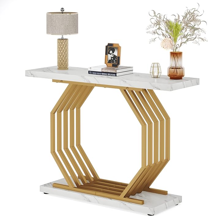 Tribesigns Gold Console Table, Faux Marble Entryway Table Narrow Sofa - Image 8