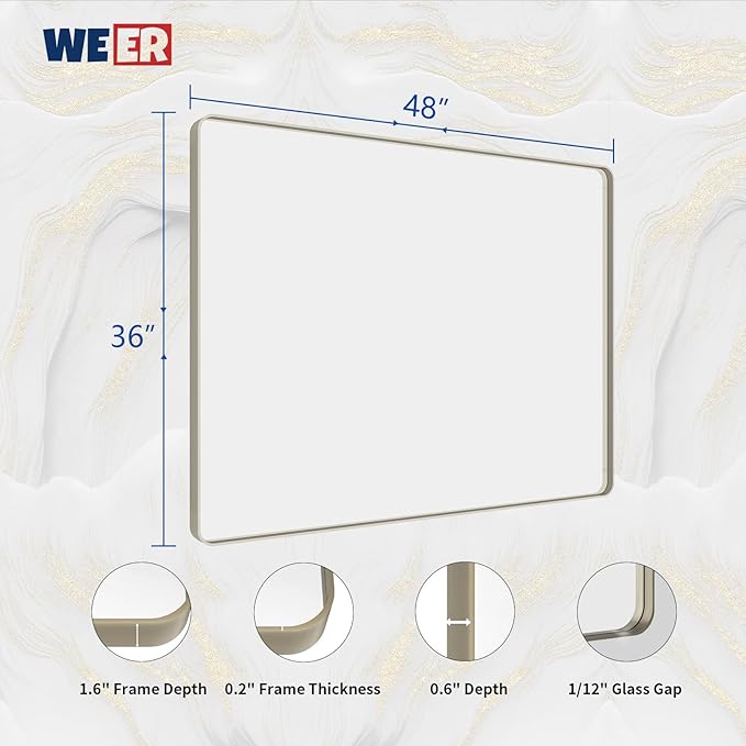 WEER 48X36 Inch Brushed Nickel Bathroom Mirror, Brushed Silver Metal Frame - Image 6