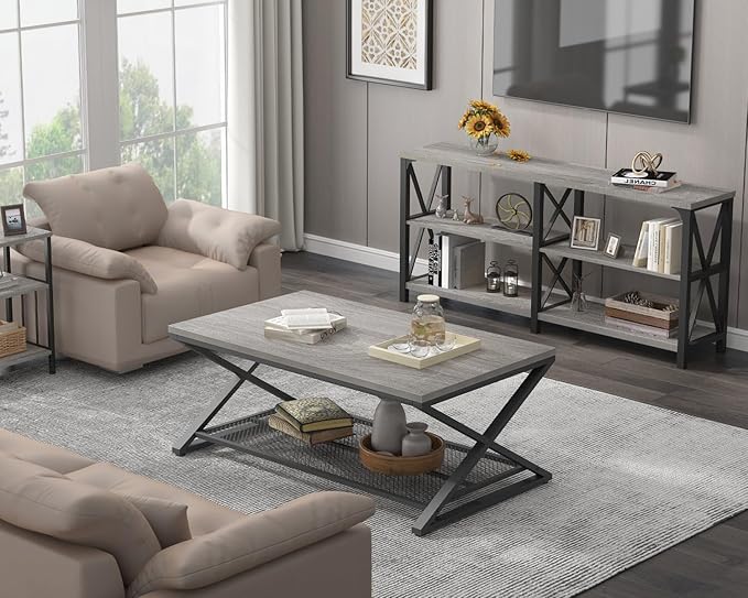 LVB Gray Coffee Table with Storage, Farmhouse Metal Wood 2 Tier Center Table - Image 7