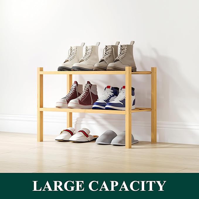 Smiry Shoe Rack, 2 Tier Small Bamboo Shoe Organizer, Stackable Free Standing - Image 5