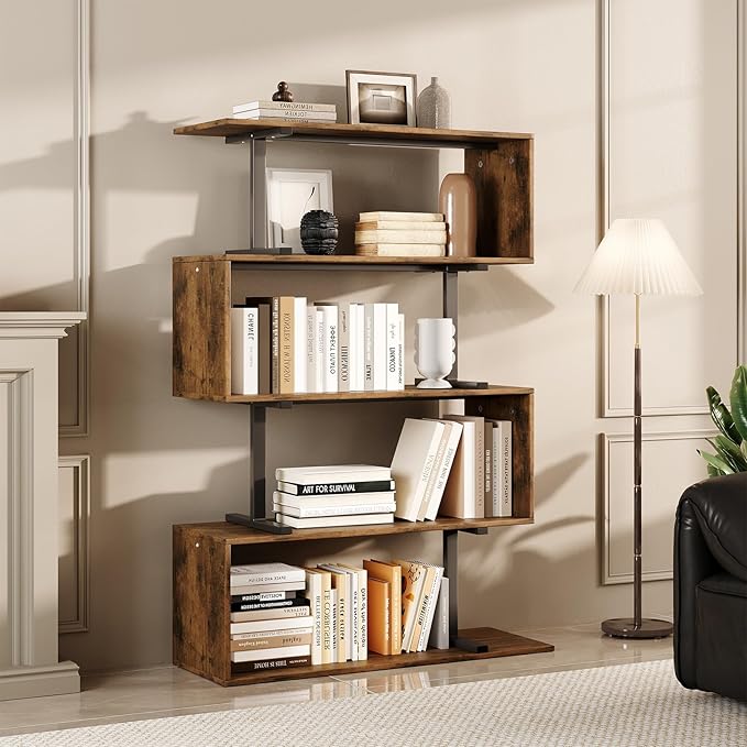 5-Tier Geometric Bookshelf, S Shaped Bookcase, 31.5" W x 58.3" H Wood by GRUSIGN
