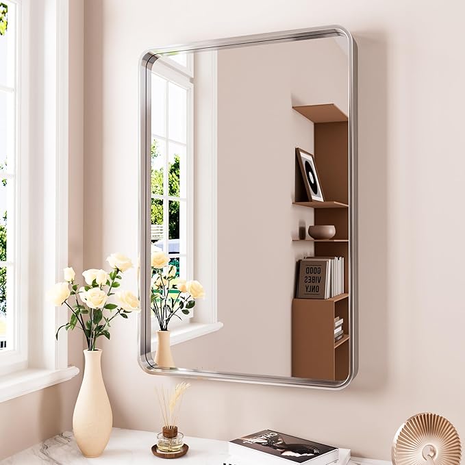 24x36 Inch Brushed Nickel Bathroom Mirror, Brushed Silver Metal Frame Mirror - Image 2