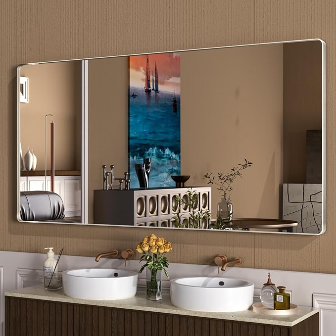 WEER 72X36 Inch Brushed Nickel Bathroom Mirror, Brushed Silver Metal Frame by WEER