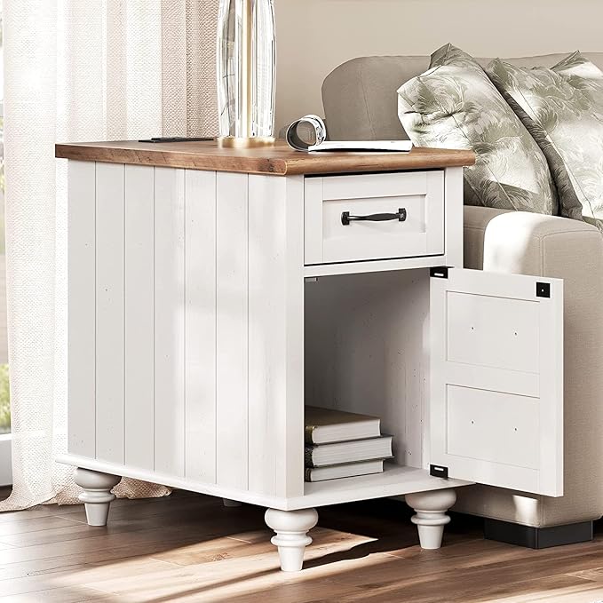 WAMPAT End Table with Charging Station, Wood Nightstand with Power Outlets & - Image 6