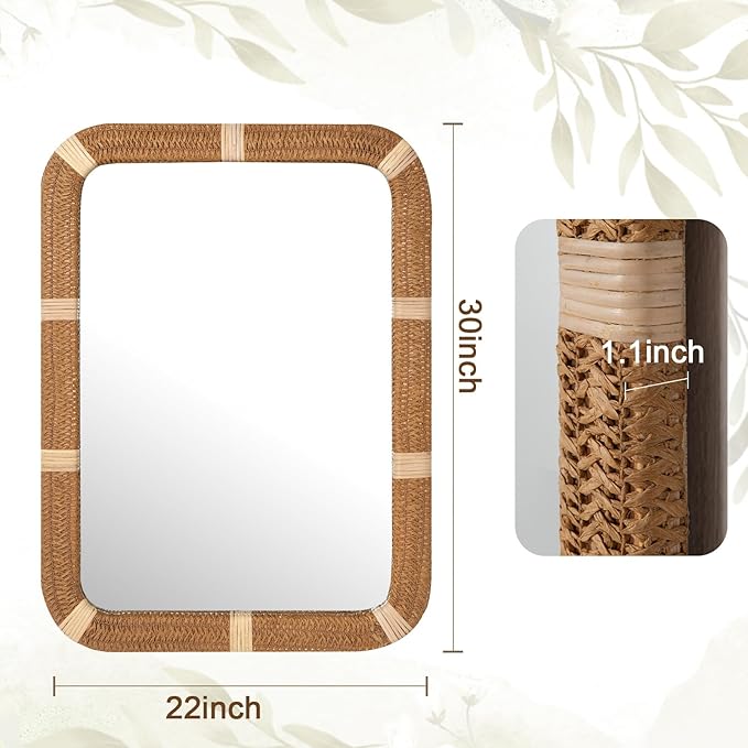 ULIKE Rectangle Rattan Wall Mirror, 22x30 Inch Rustic Farmhouse Wall Decor - Image 6