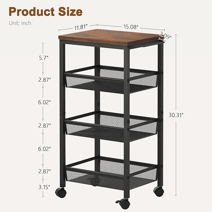 Hoctieon Rolling Storage Cart, 4-Tier Wide Panel Kitchen Storage Cart, Utility - Image 5
