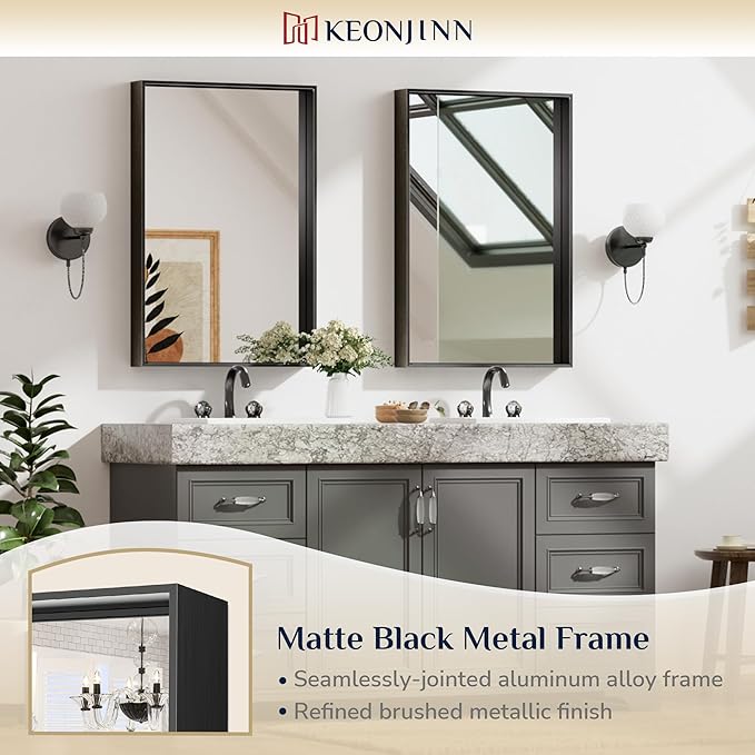 Keonjinn Black Mirror for Bathroom 20 x 30 Inch Brushed Framed Mirror, - Image 9