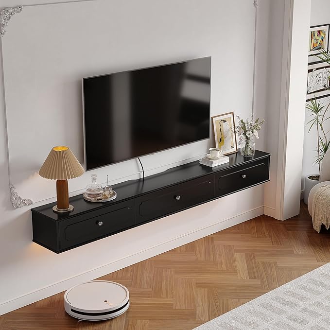 Retro Floating TV Console with 3 Doors, Wall Mounted TV Cabinet, Contemporary - Image 2