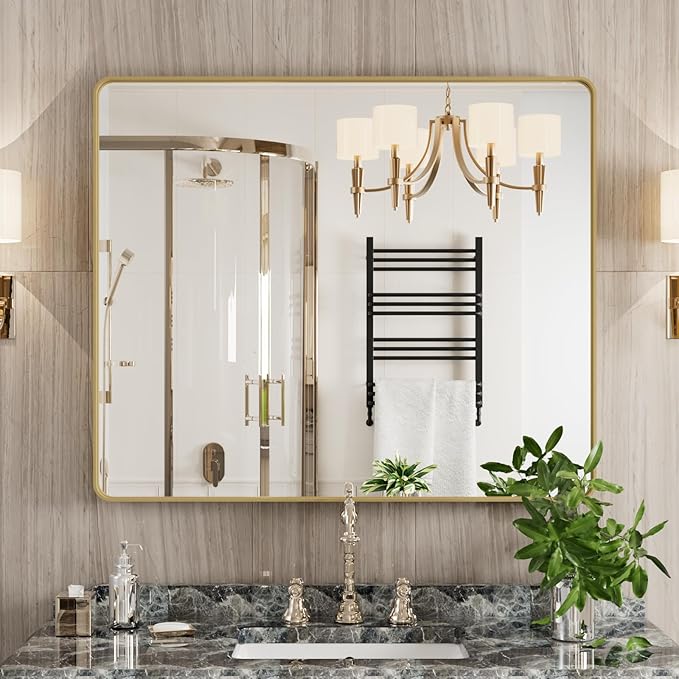 Gold Bathroom Mirror, 30x36 Inch Brushed Gold Metal Frame Mirror - Image 2