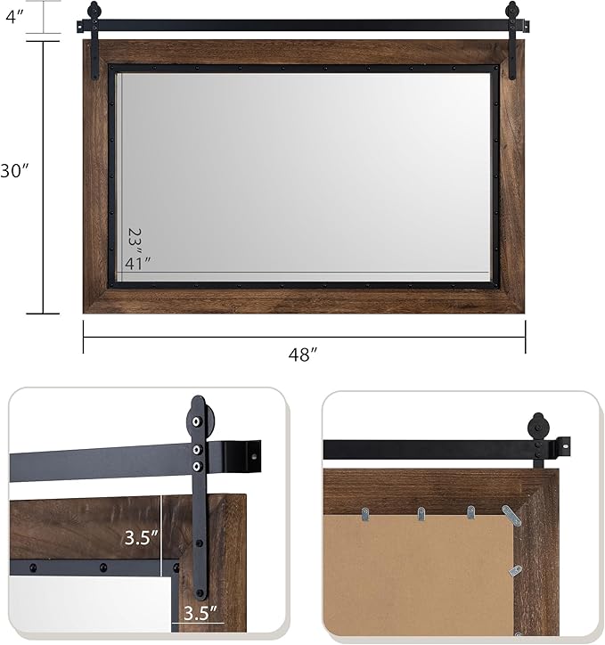 YOSHOOT Farmhouse Barn Door Mirror, Wood Frame Wall Mirror, Wooden Mirror - Image 2