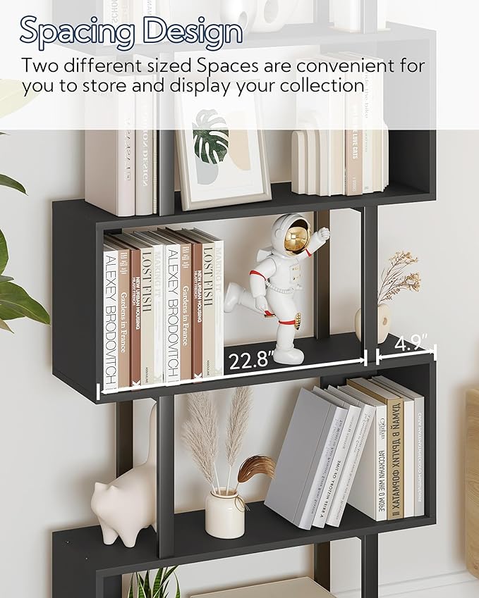 Yusong S Shaped Bookshelf, Modern Geometric Bookcase, 6-Tier Black Display Case - Image 6