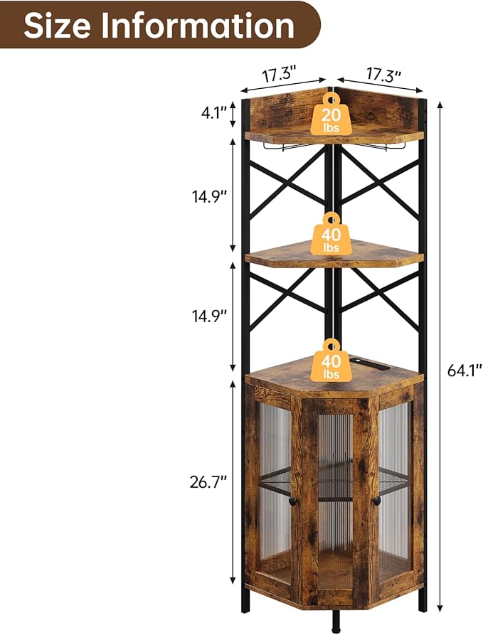 Corner Bar Cabinet with Power Outlet, 5-Tier Corner Wine Cabinet with Led Strip - Image 2