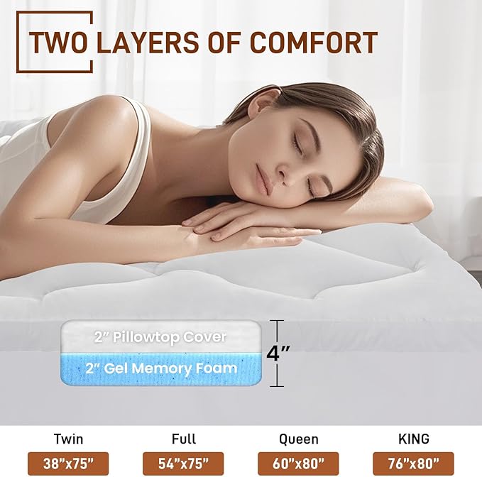 4 Inch Pillow Top Memory Foam Mattress Topper Queen, Dual Layer 2 Inch Gel - Image 2