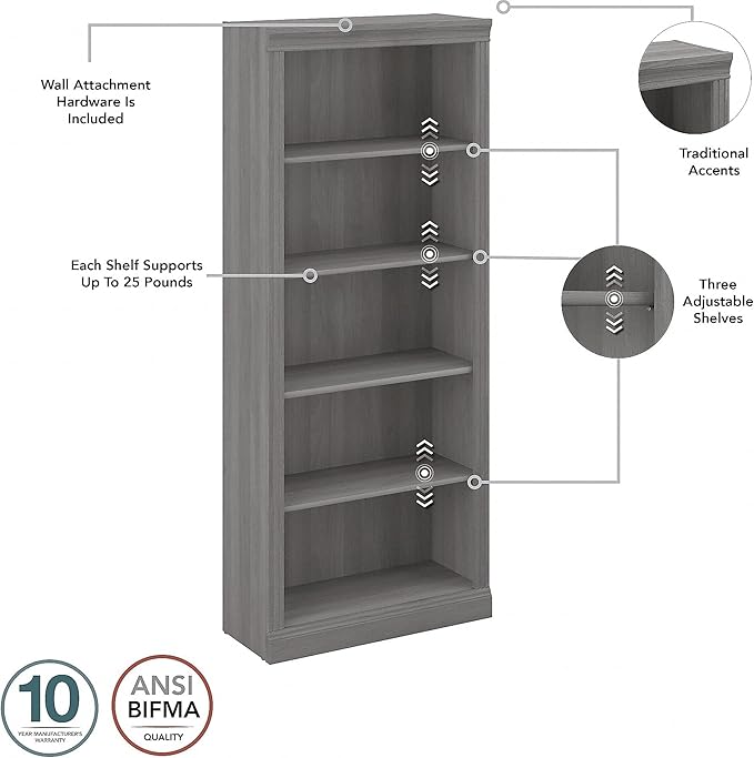 Bush Furniture Saratoga Tall 5 Shelf Bookcase in Modern Gray, Home Office - Image 4