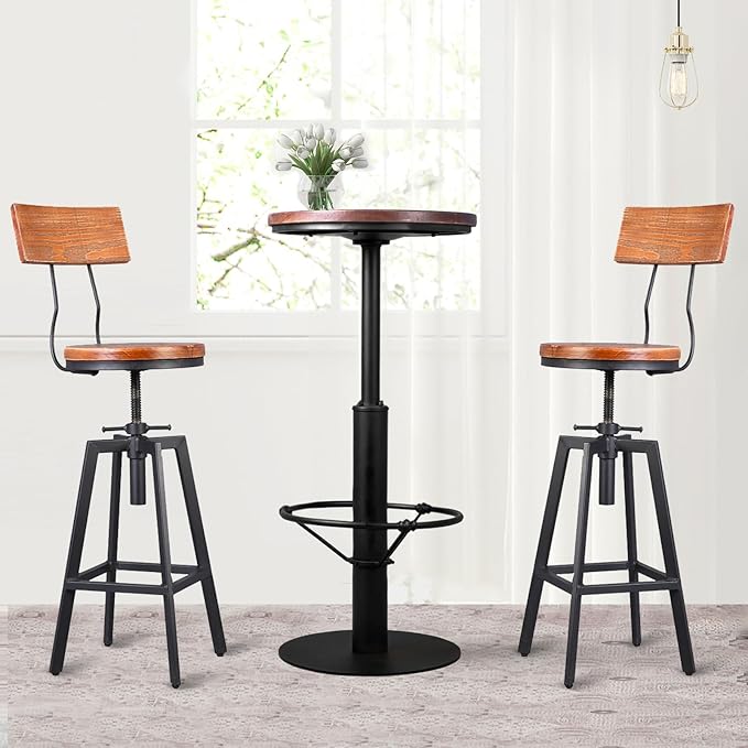 Industrial Bar Stools with Wood Backrest 25-32inch Height Adjustable Kitchen - Image 5