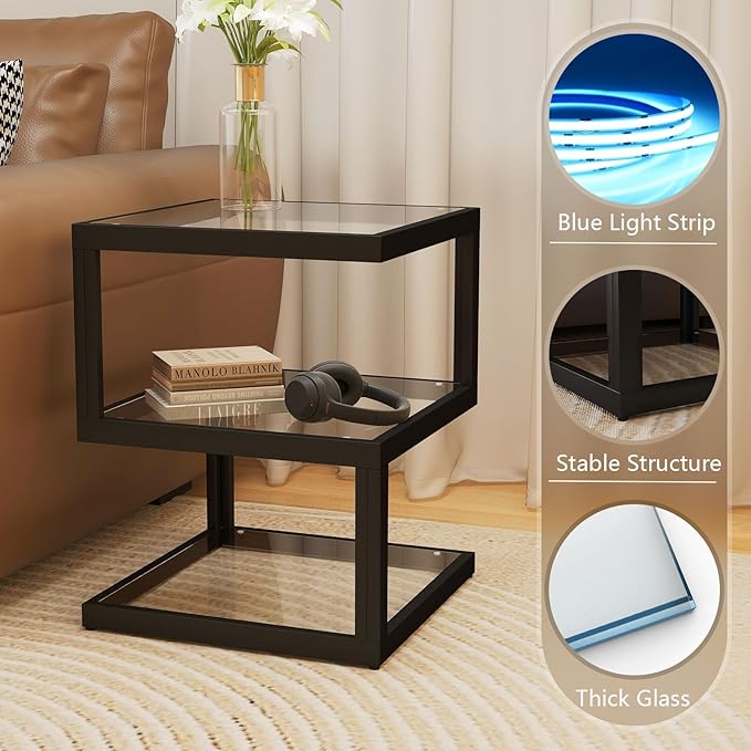 3-Tier Glass Table with LED Strip, Unique S-Shaped Design SideTable, Moderen - Image 4