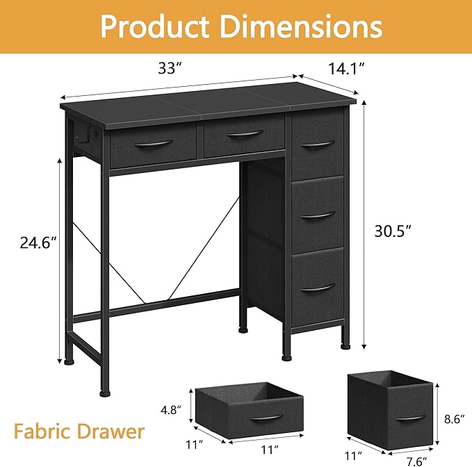 Small Computer Desk with 5 Fabric Drawers, 33 Inch Writing Desk - Image 2