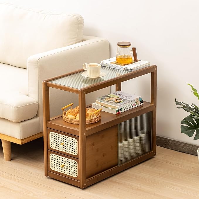 Tiita Rattan Nightstand Side Table, Bamboo Accent Bedside Tables, Glass Coffee by TiitaHome