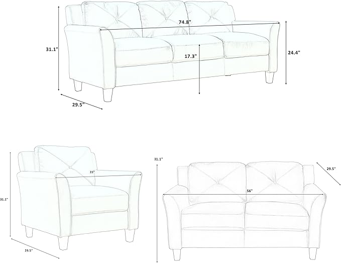 3 Pieses Modern Living Room Sofa Sets Polyester Blend Button Tufted Sofa&Couch - Image 2