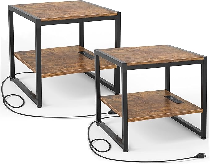 Homieasy End Table with Charging Station, 20 Inch Mini Fridge Stand with 2-Tier by Homieasy