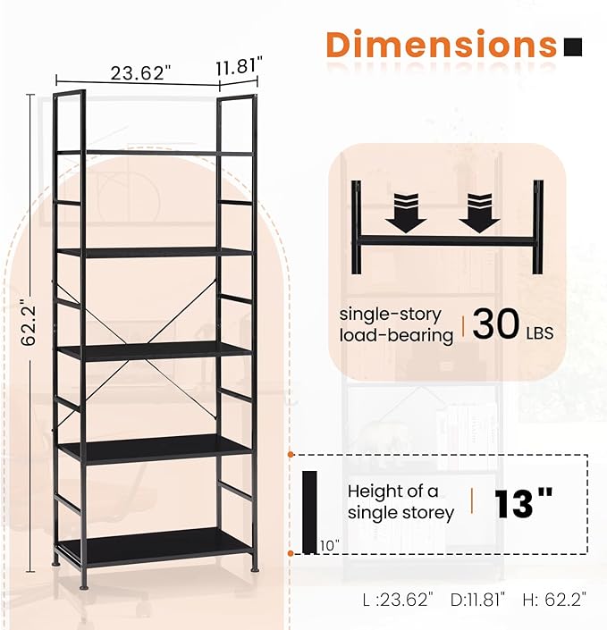 DUMOS 5-Tier Book Shelf Tall Modern Bookcase Set of 2 - Image 3