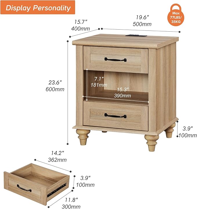 WAMPAT Oak Night Stand with 2 Drawers, Wooden Sofa Side Table with Charging - Image 2