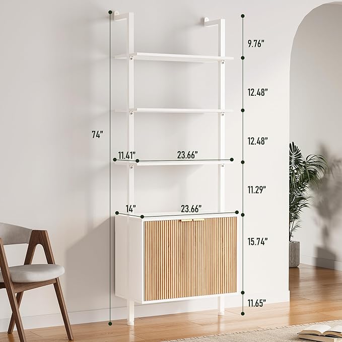 74" Tall Bookshelf with Storage Cabinet, Modern Ladder Shelf with Wood and - Image 2