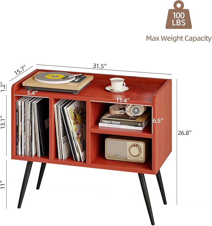 Record Player Stand with Vinyl Storage, Turntable Stand with Solid Wood Legs - Image 2
