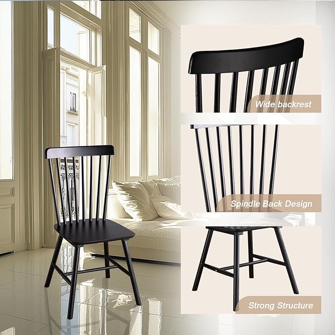 Wooden Windsor Dining Chairs Set of 2 Wood Dining Room Chair Black Spindle Side - Image 5