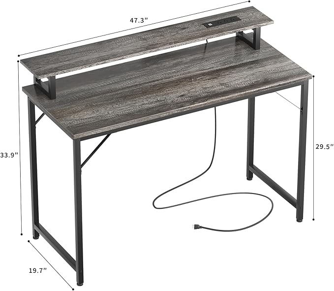47 inch Computer Desk with Power Outlets, Gaming Desk with LED Lights, Home - Image 3
