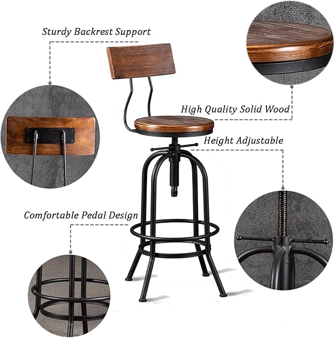Diwhy Industrial Bar Stool-26-32 Inch Adjustable Swivel Metal Wood Seat Stool - Image 4