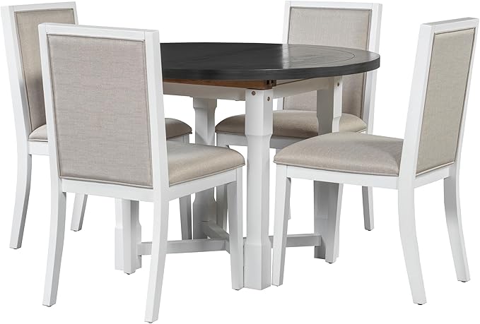 Merax 5-Piece Extendable Dining Table and 4 Upholstered Chairs, Round Oval - Image 2