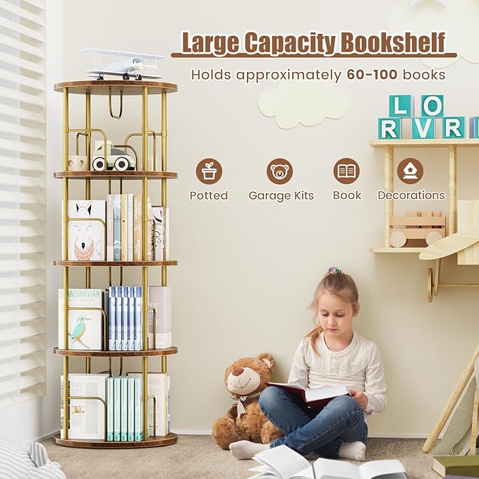 Rotating Bookshelf, 4 Tier Spinning Bookshelf Tower, 360° Display Unique Round - Image 4