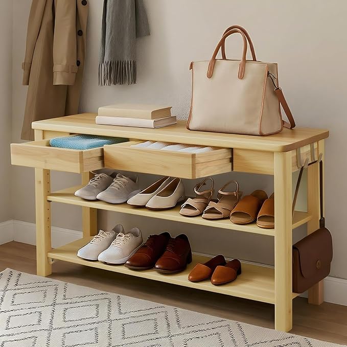 Wood Shoe Bench Entryway with Drawer: 2-Tiers Wooden Storage Shoe Rack with by Unknown