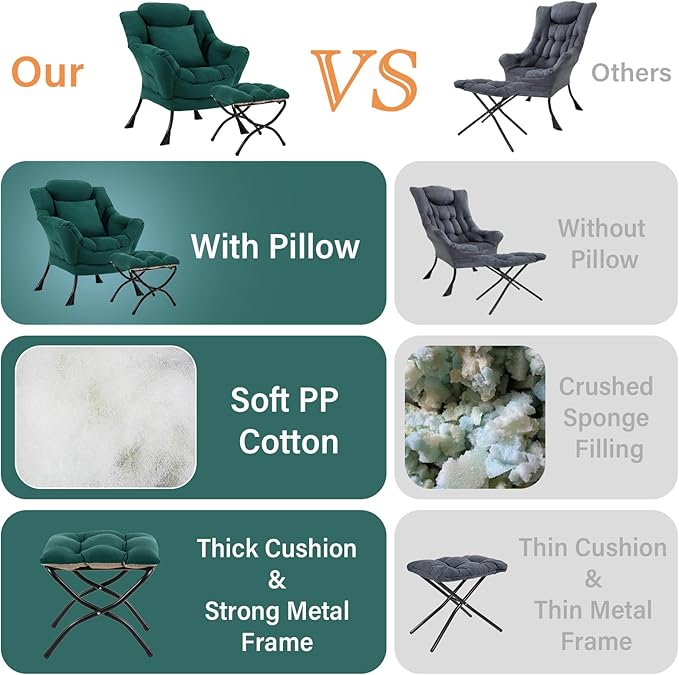 Lazy Chair with Ottoman, Comfy Reading Chair with Footstool & Pillow Modern - Image 7