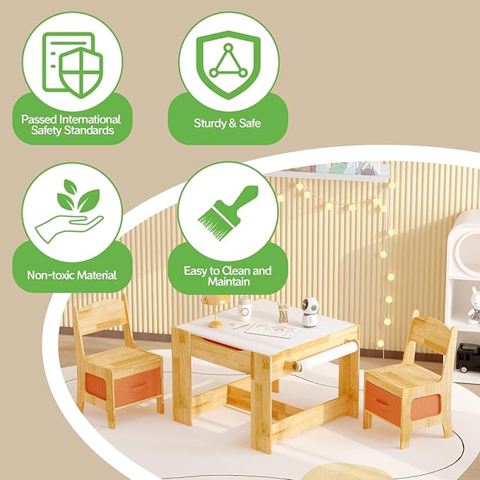 Pinewood Kids Table and Chair Set, 3 in 1 Toddlers Wooden Art Activity Table - Image 9